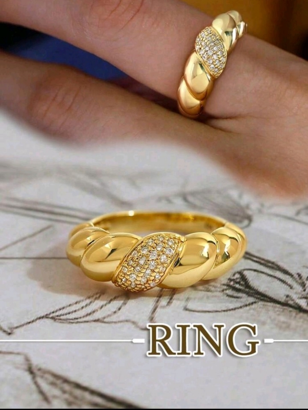 Gold Twisted Pavé Ring - Elegant Women's Fashion Ring